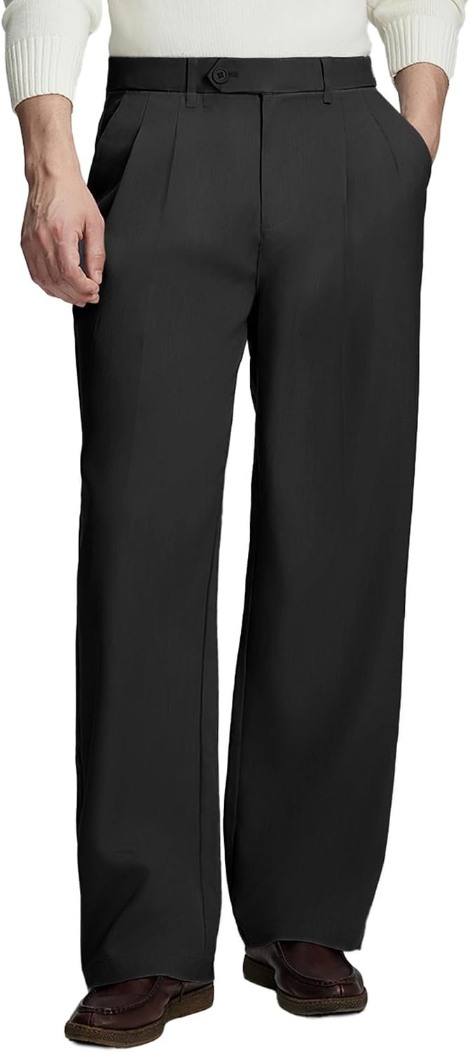 Men’s casual dress pants, pleated baggy wide leg, old money style, relaxed fit.
