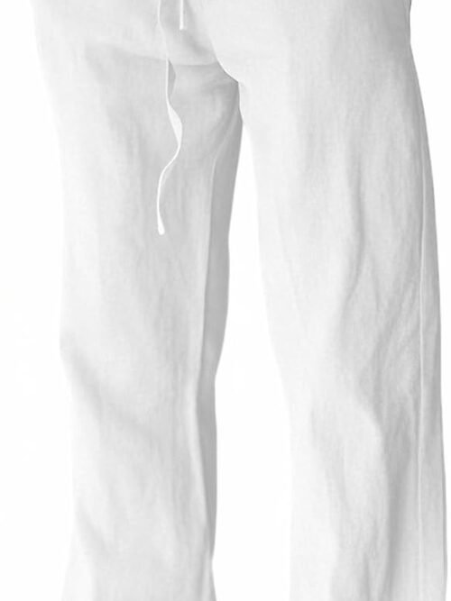 Men's cotton linen pants, elastic waist drawstring, lightweight, wide leg loose design.