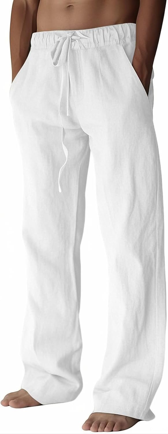 Men’s cotton linen pants, elastic waist drawstring, lightweight, wide leg loose design.