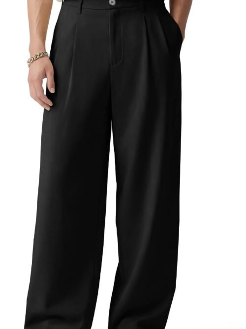 Men's casual pants, loose fit, pleated wide leg, stretch waist, zip fly.