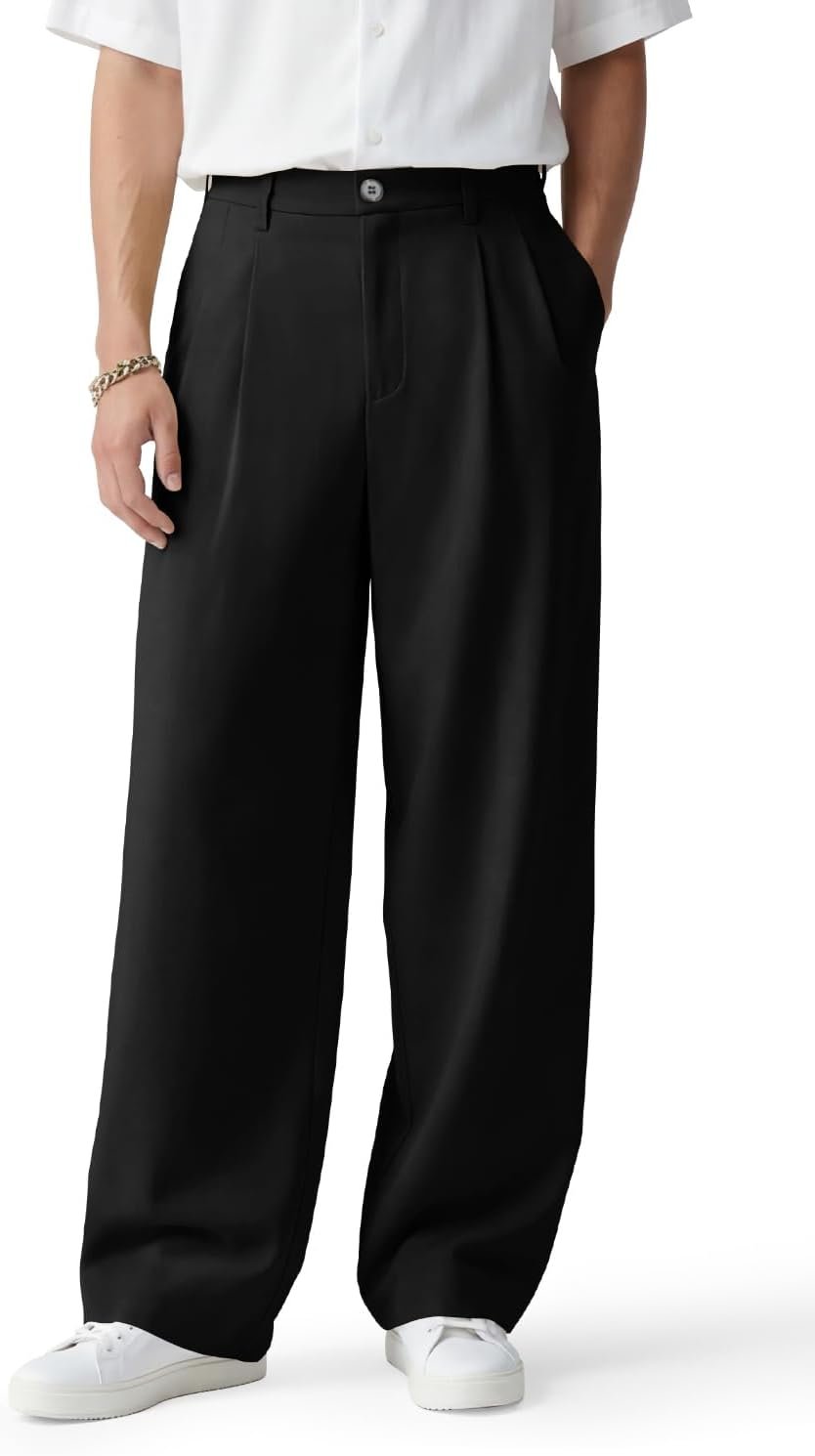 Men’s casual pants, loose fit, pleated wide leg, stretch waist, zip fly.