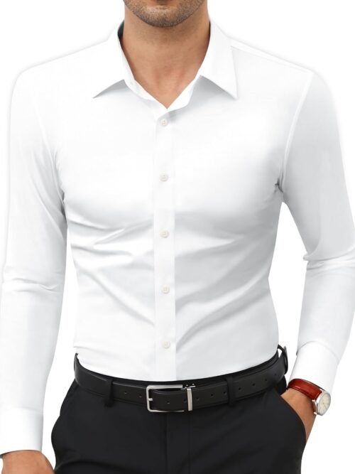 Stretch Muscle Fit Long Sleeve Slim Fit Wrinkle Free Dress Shirt