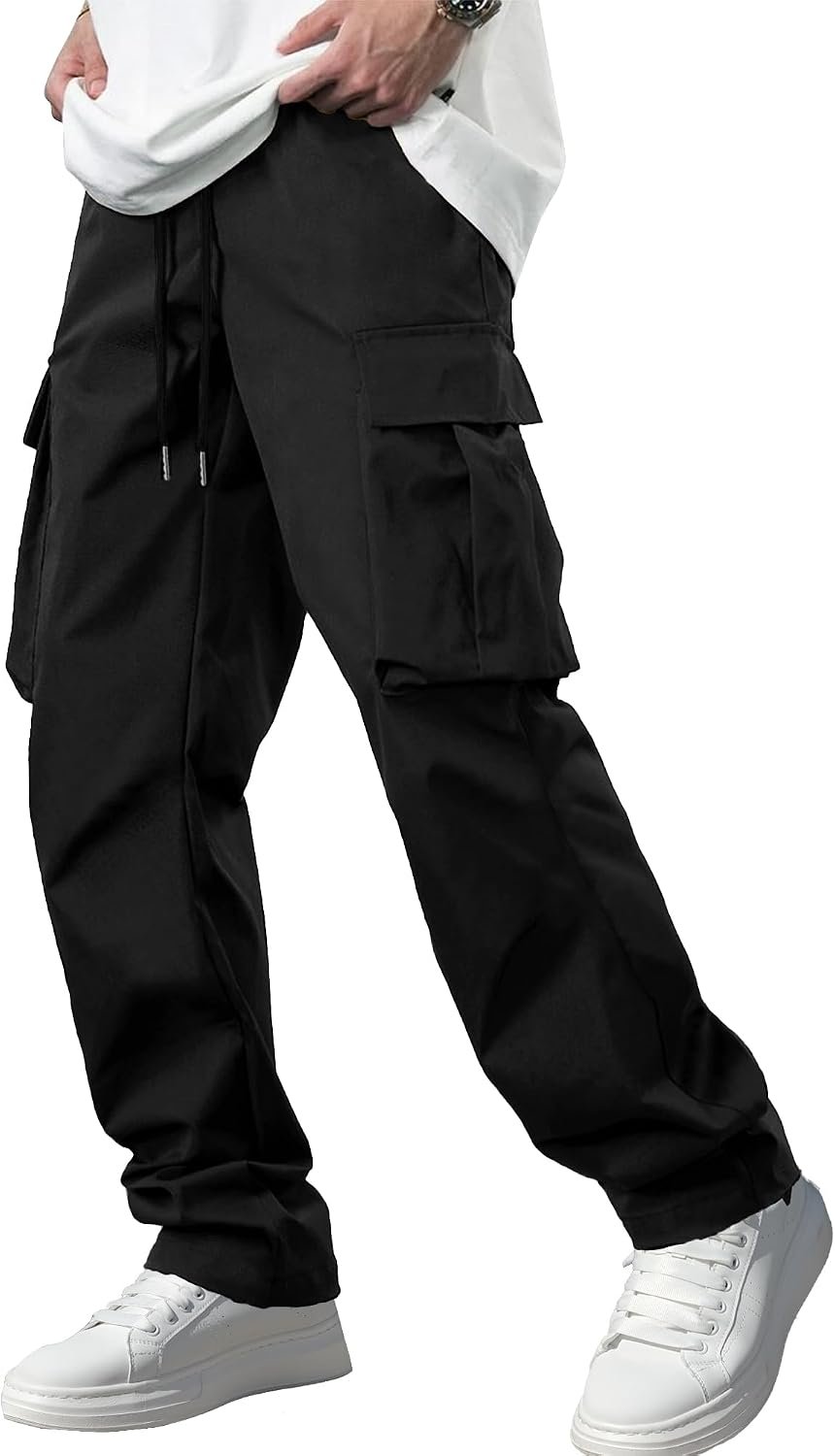 Men’s cargo pants, tactical, durable, stretch, drawstring elastic waist.