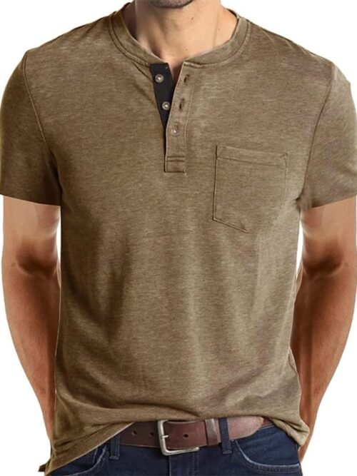 Short Sleeve Henley Fashion Button Shirt with Pocket