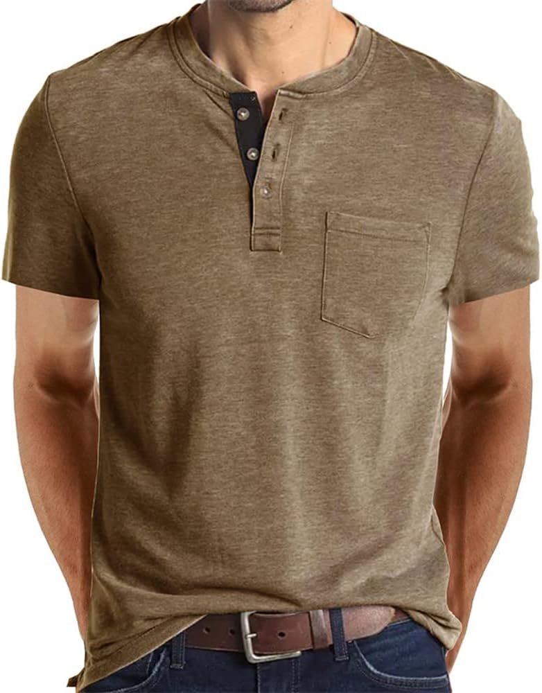Short Sleeve Henley Fashion Button Shirt with Pocket
