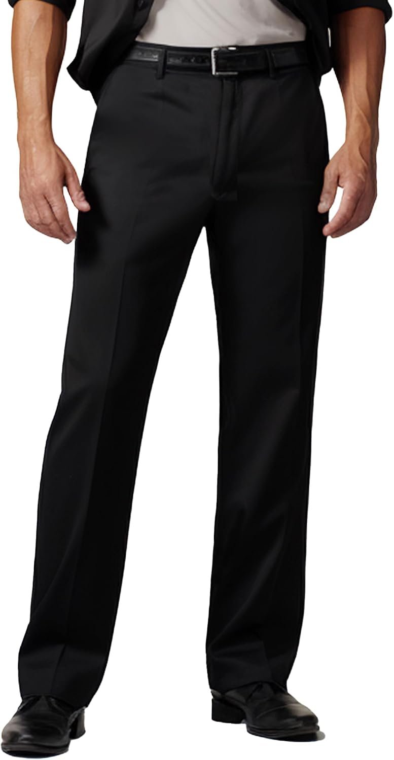 Men’s dress pants, expandable waist, premium stretch texture.
