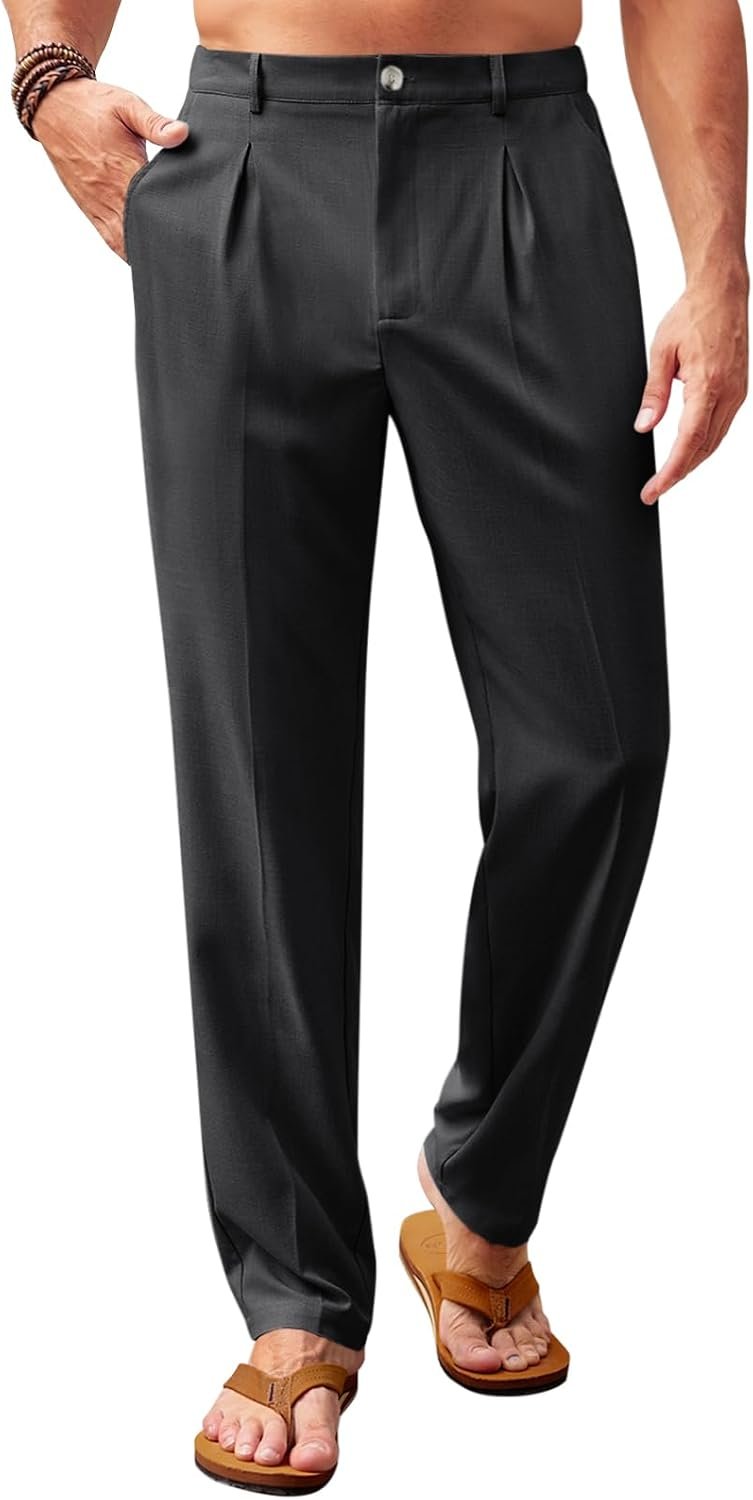 Men’s casual pants, elastic waist, lightweight, loose pleated, summer beach style.