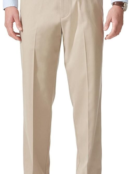 Men's stretch khaki pants, relaxed fit, flat-front.