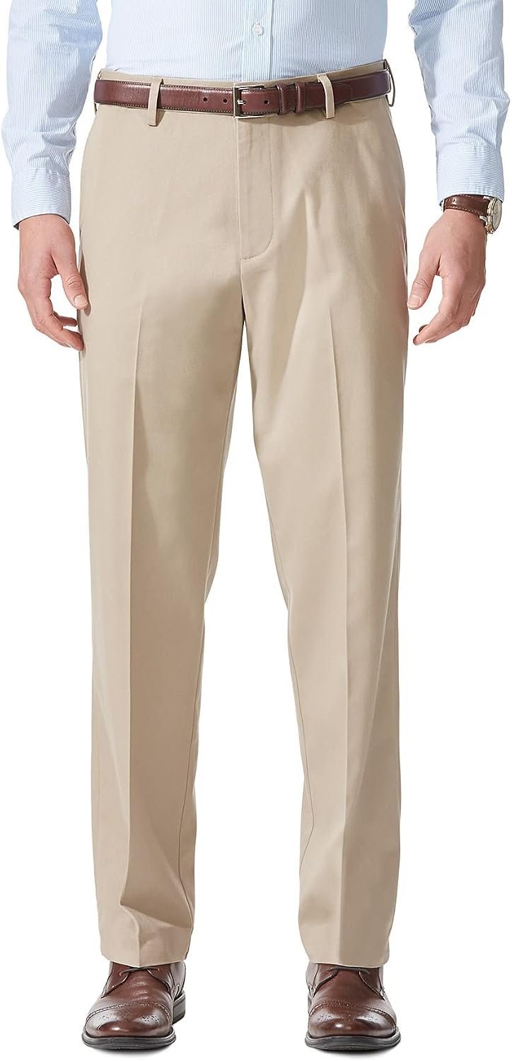 Men’s stretch khaki pants, relaxed fit, flat-front.