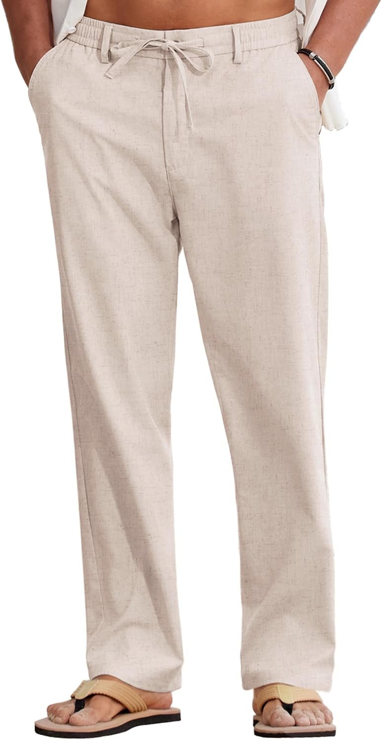Men’s cotton linen pants, lightweight, drawstring, elastic waist, stretch, breathable.