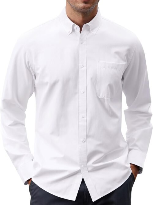 Oxford Solid Button Down Collar Long Sleeve Dress Shirt with Pocket