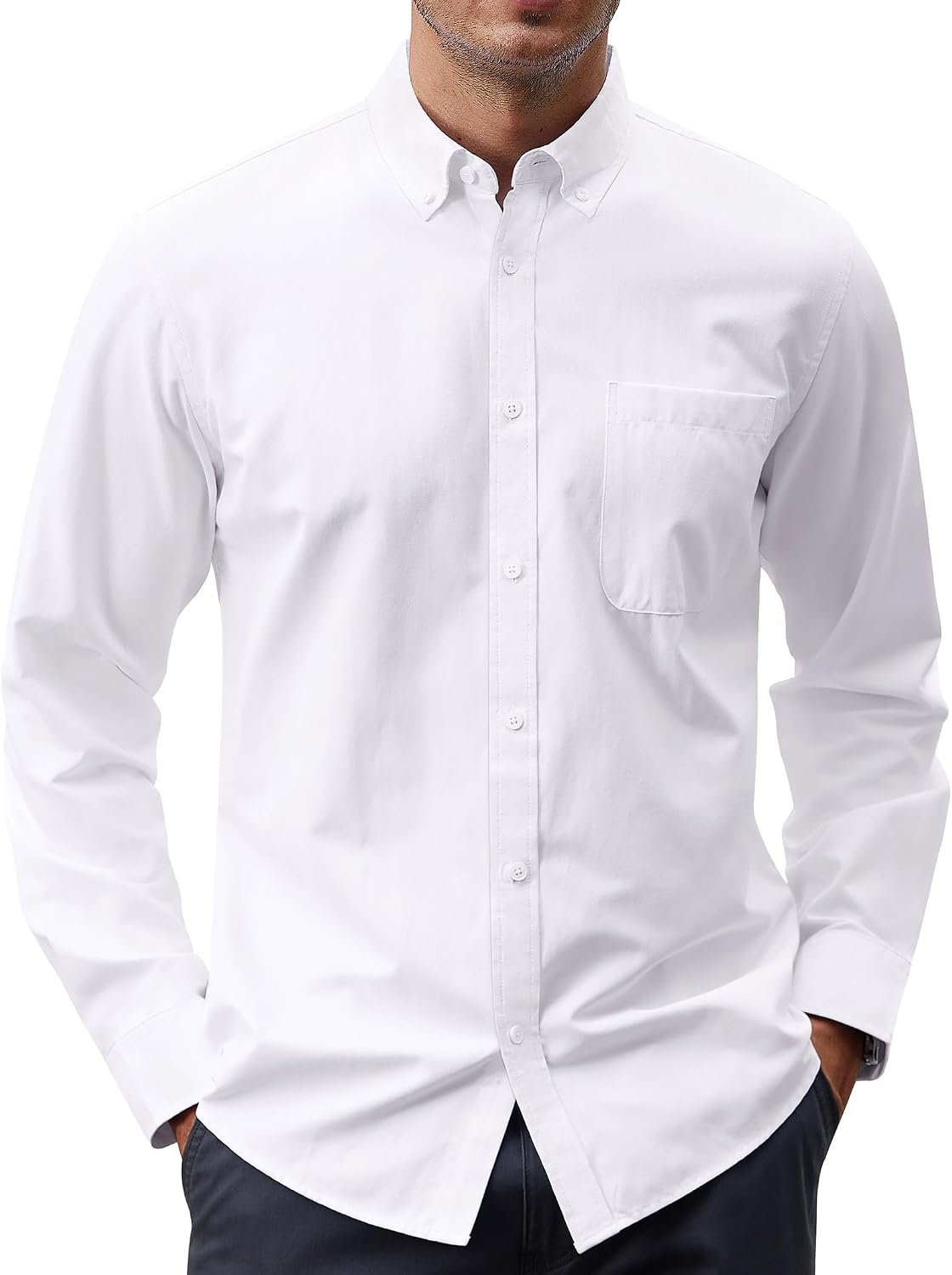 Oxford Solid Button Down Collar Long Sleeve Dress Shirt with Pocket