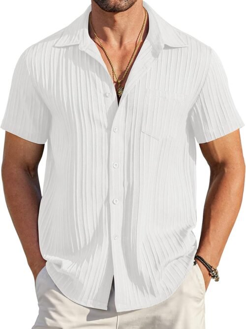 Textured Short Sleeve Casual Button Down Shirt with Pocket