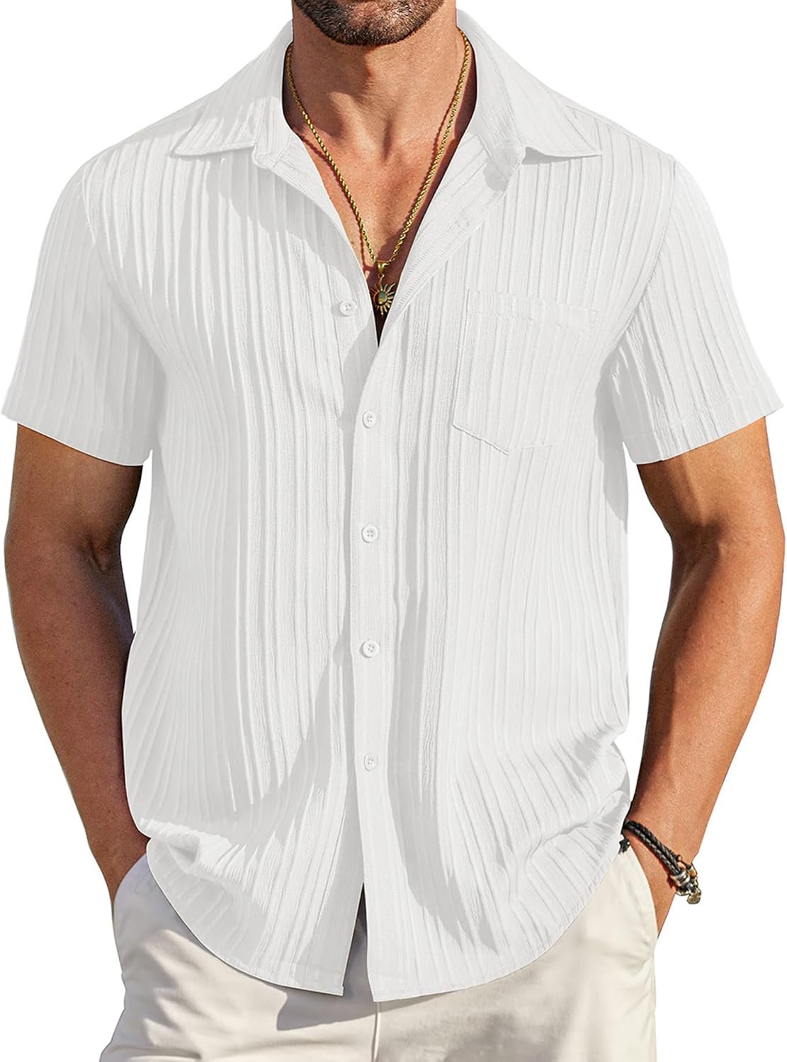 Textured Short Sleeve Casual Button Down Shirt with Pocket
