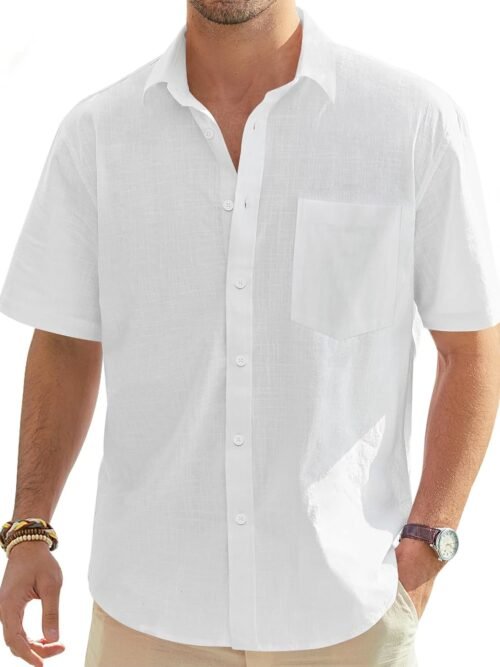 Cotton Linen Short Sleeve Lightweight Button Down Shirt with Pocket