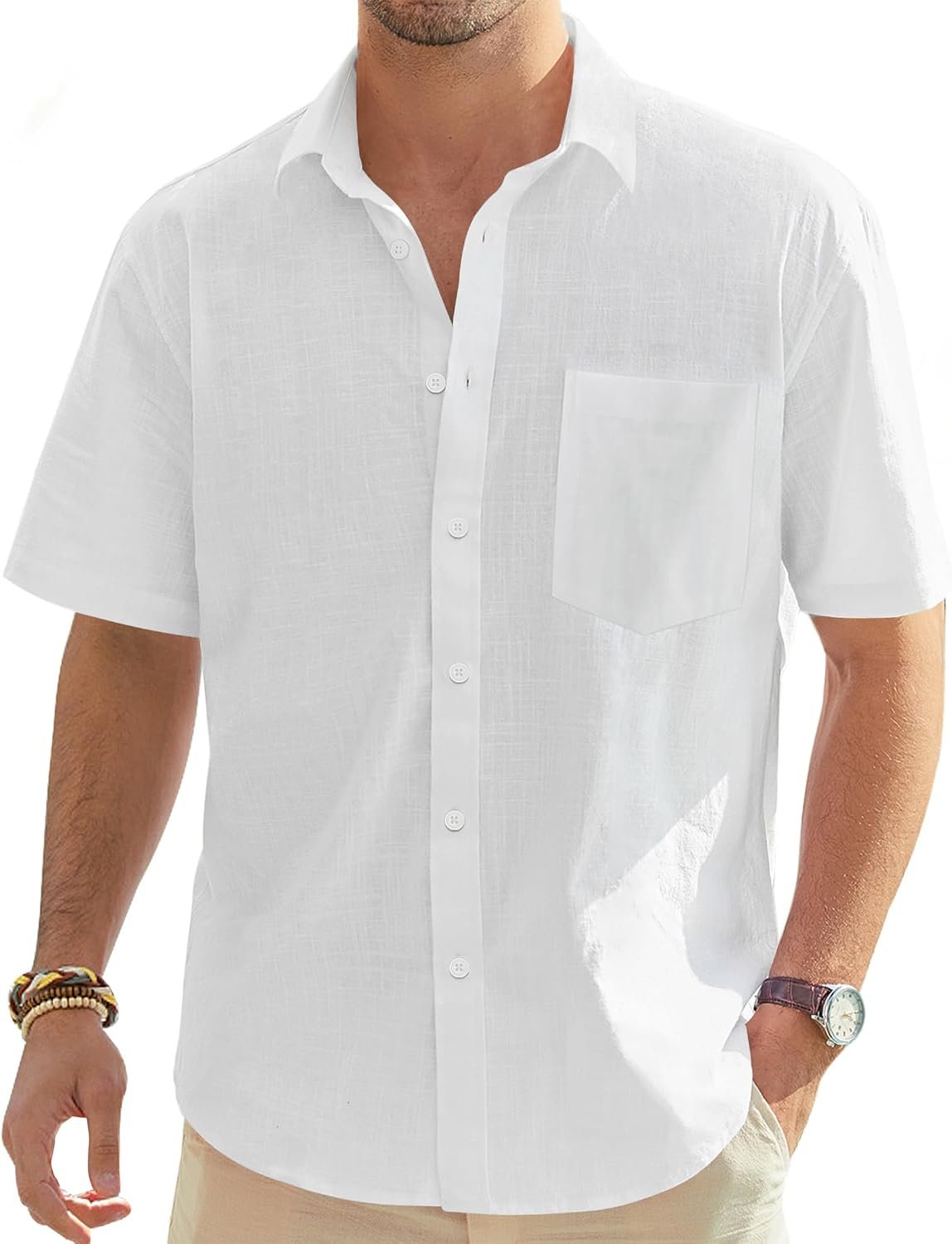 Cotton Linen Short Sleeve Lightweight Button Down Shirt with Pocket