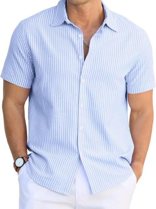 Striped Cotton Short Sleeve Casual Button Down Shirt