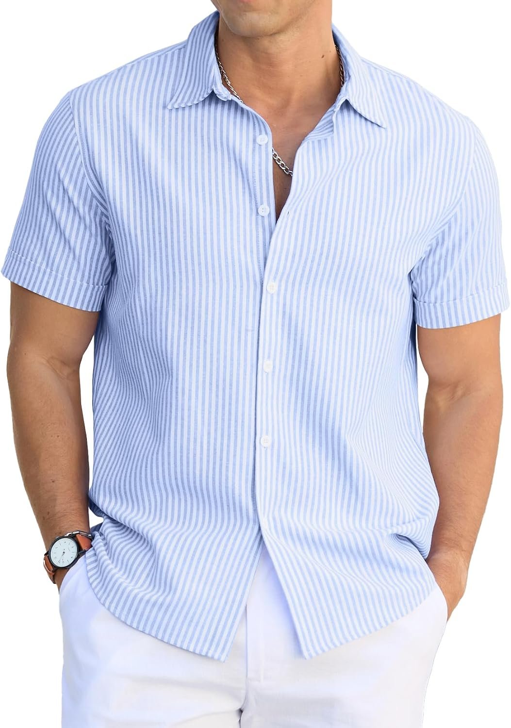 Striped Cotton Short Sleeve Casual Button Down Shirt
