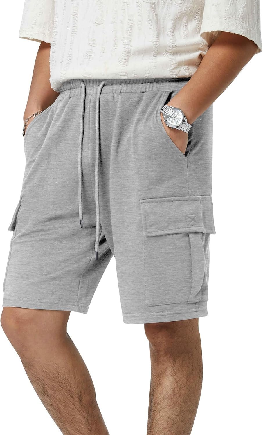 Drawstring Elastic Waist Cotton Sweat Cargo Jogger Shorts