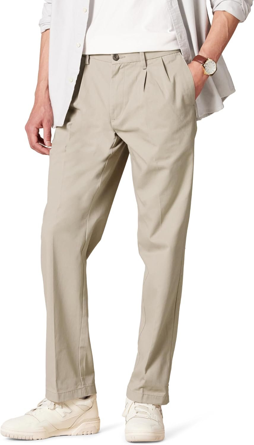 Men’s classic-fit chino pants, wrinkle-resistant, pleated.