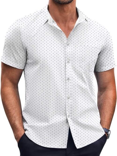 Short Sleeve Wrinkle Free Polka Dot Print Shirt with Pocket