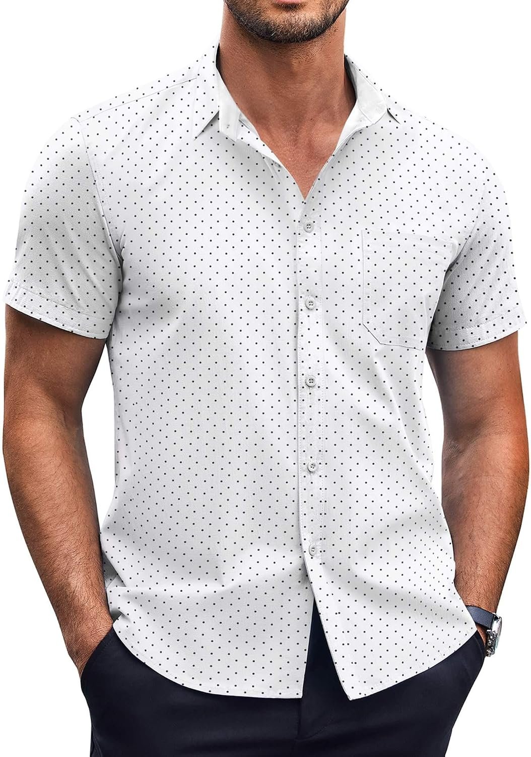 Short Sleeve Wrinkle Free Polka Dot Print Shirt with Pocket