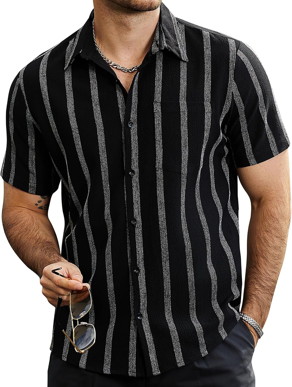 Striped Short Sleeve Vintage Button Down Shirt with Pocket